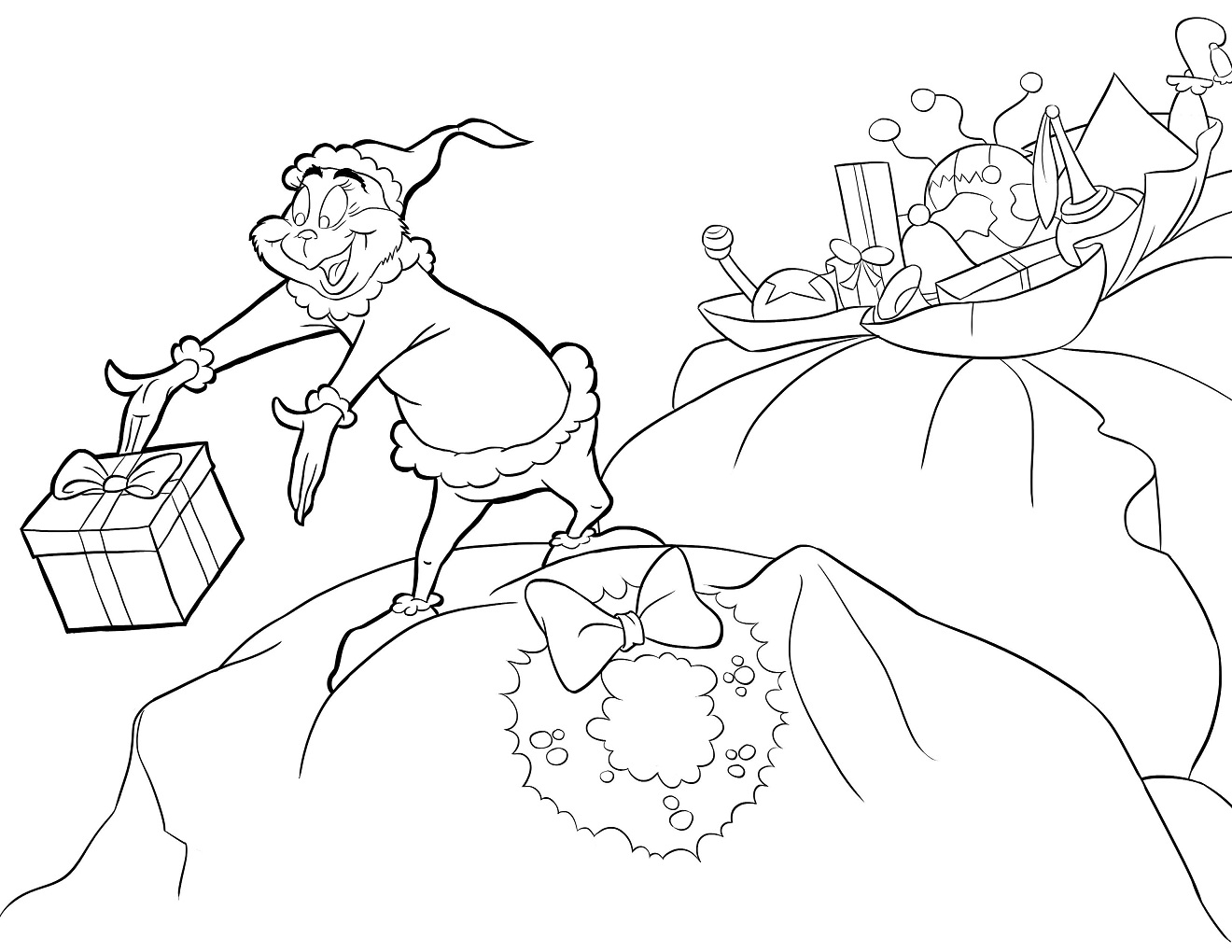Dibujo de Regalo de Lanzamiento de Grinch para Colorear y Imprimir