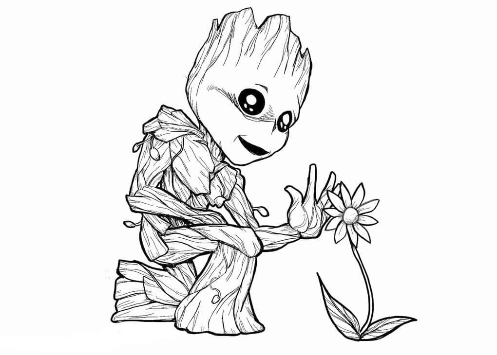 Dibujo de Baby Groot Con Flor para Colorear y Imprimir