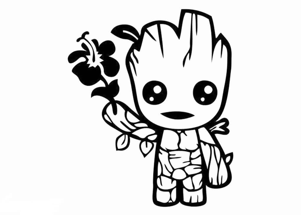 Dibujo de Chibi Groot Sosteniendo Una Flor para Colorear y Imprimir