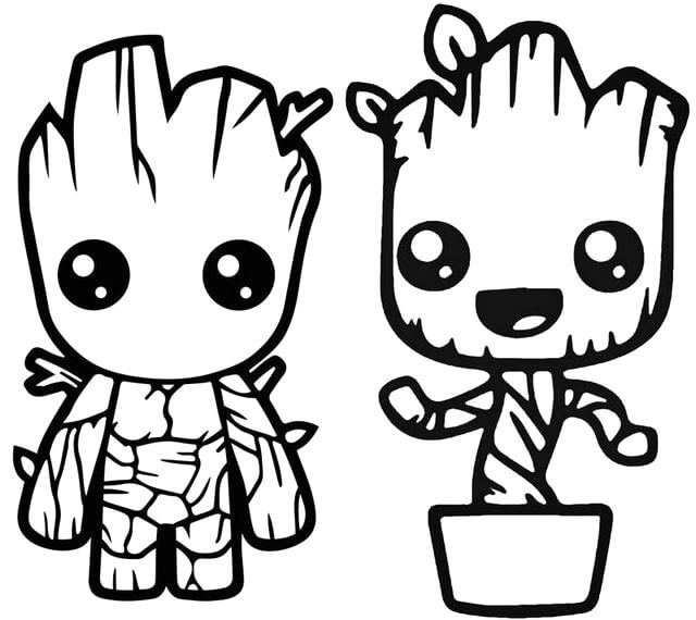 Dibujo de dos Bebés Groot para Colorear y Imprimir