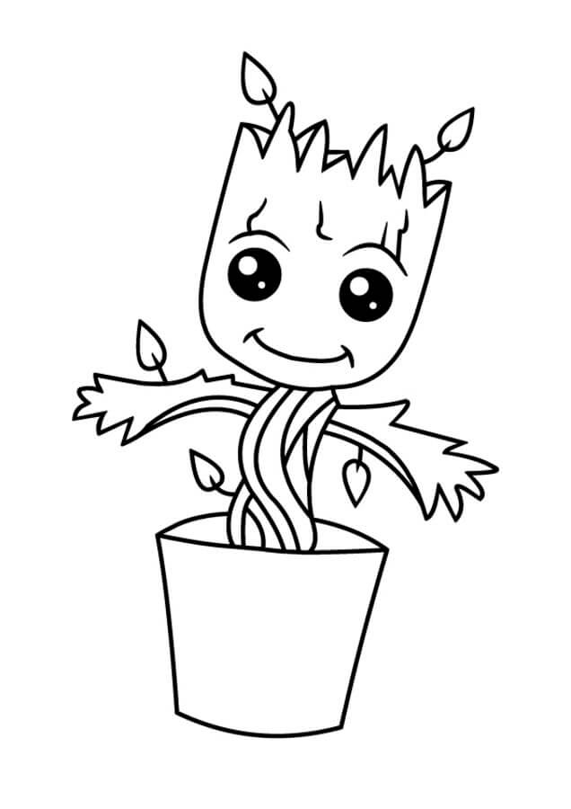 Dibujo de Groot Pequeño Sonriendo En Florero para Colorear y Imprimir