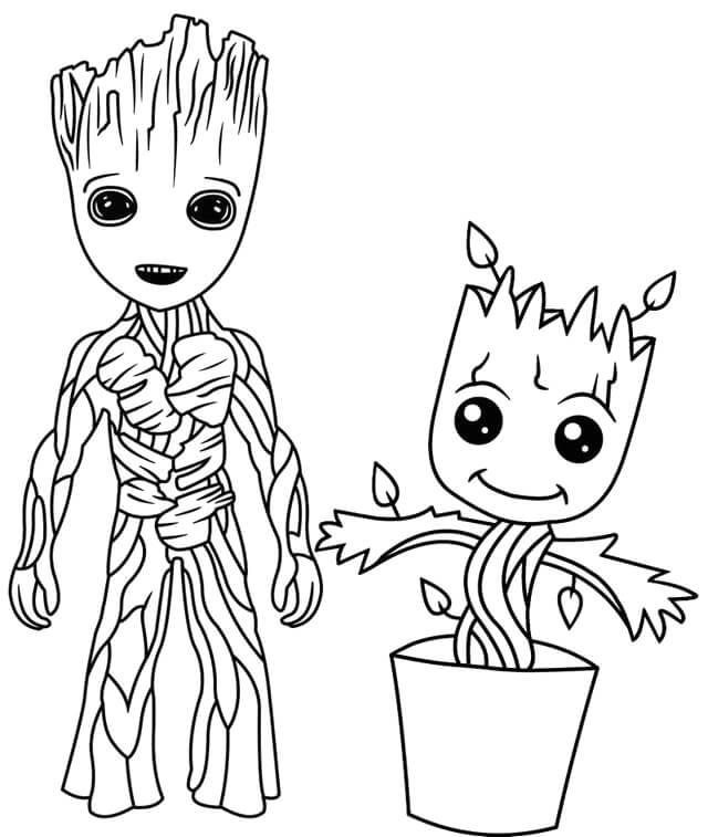 Dibujo de Groot Pequeño y Groot Pequeño En Florero para Colorear y Imprimir
