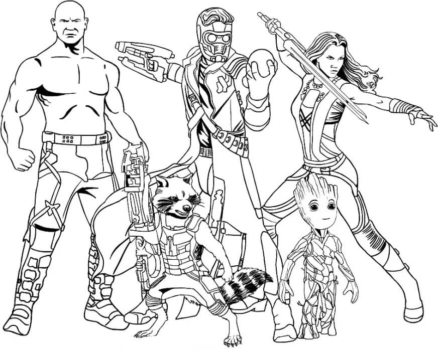 Dibujo de Groot y El Equipo de Guardianes de La Galaxia para Colorear y Imprimir