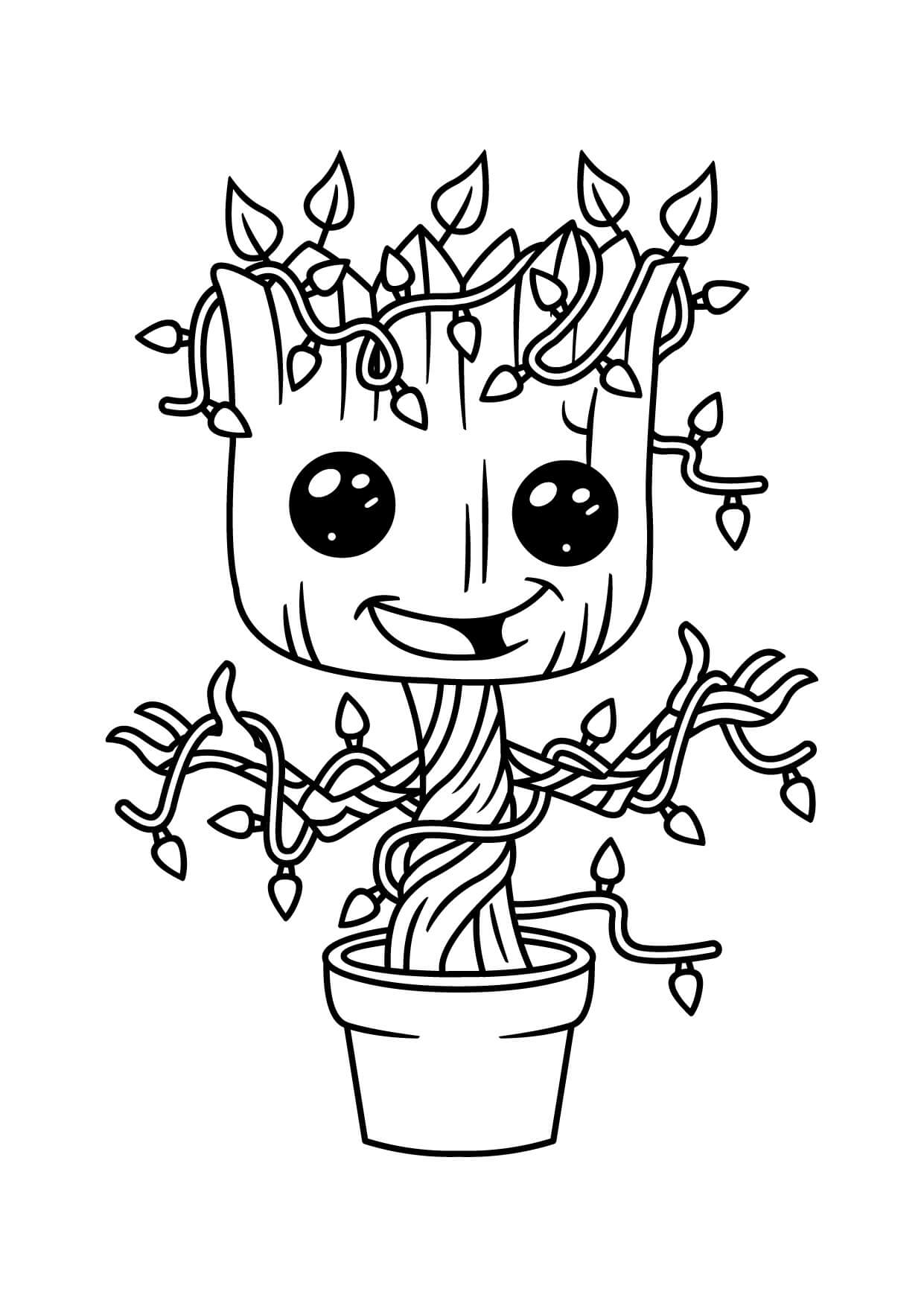 Dibujo de Pequeño Groot Divertido En Florero para Colorear y Imprimir