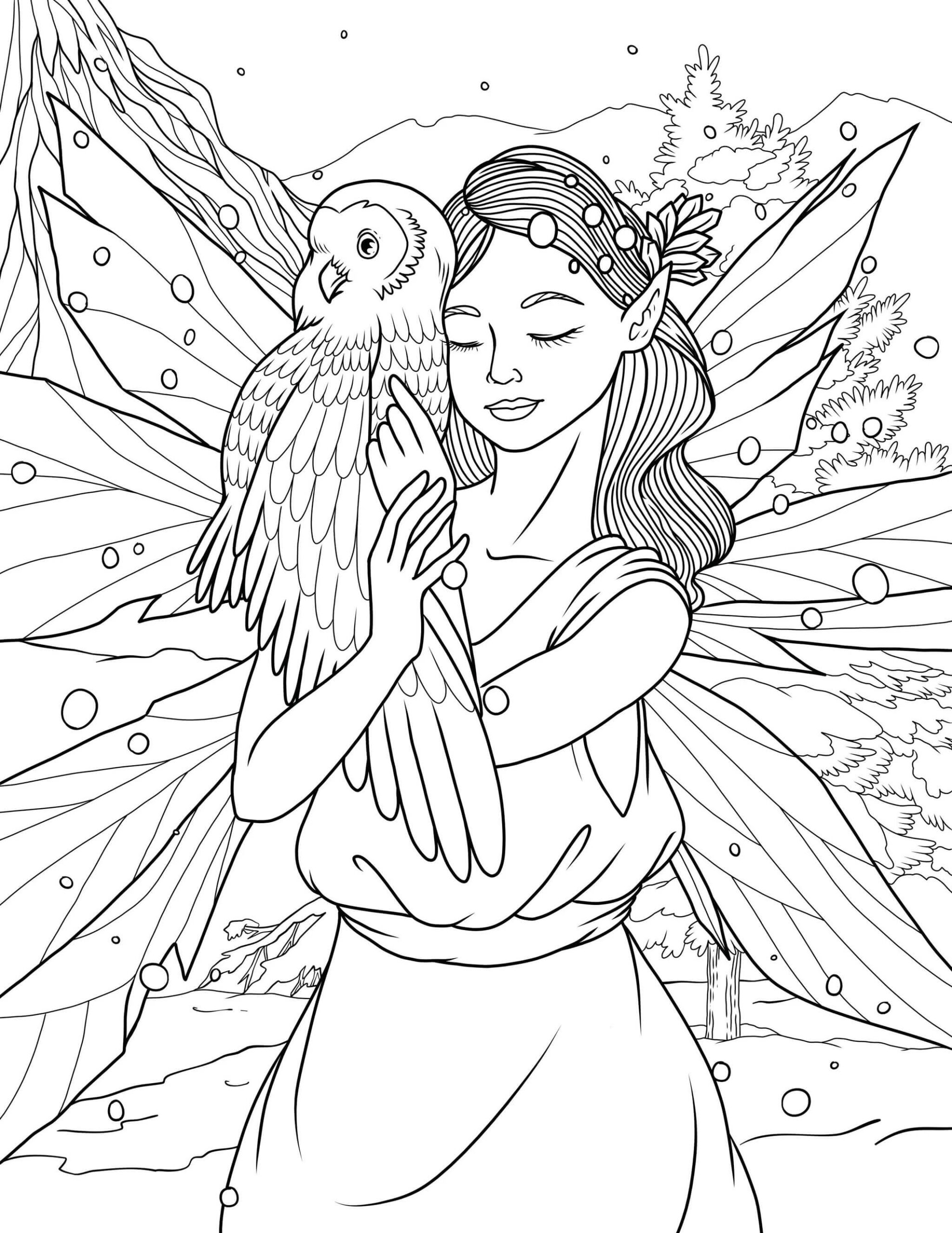 Dibujo de Hada Abrazando a Águila para Colorear y Imprimir