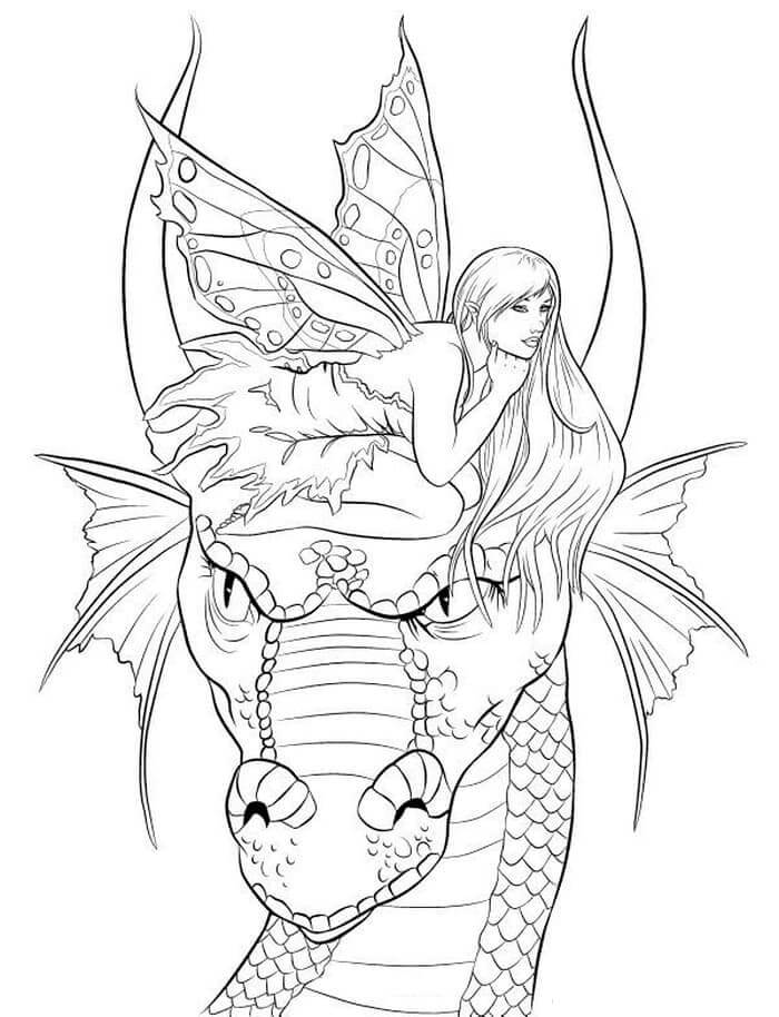 Dibujo de Hada Acostada sobre La Cabeza Del Dragón para Colorear y Imprimir