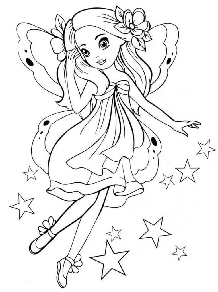 Dibujo de Hada Con Estrellas para Colorear y Imprimir