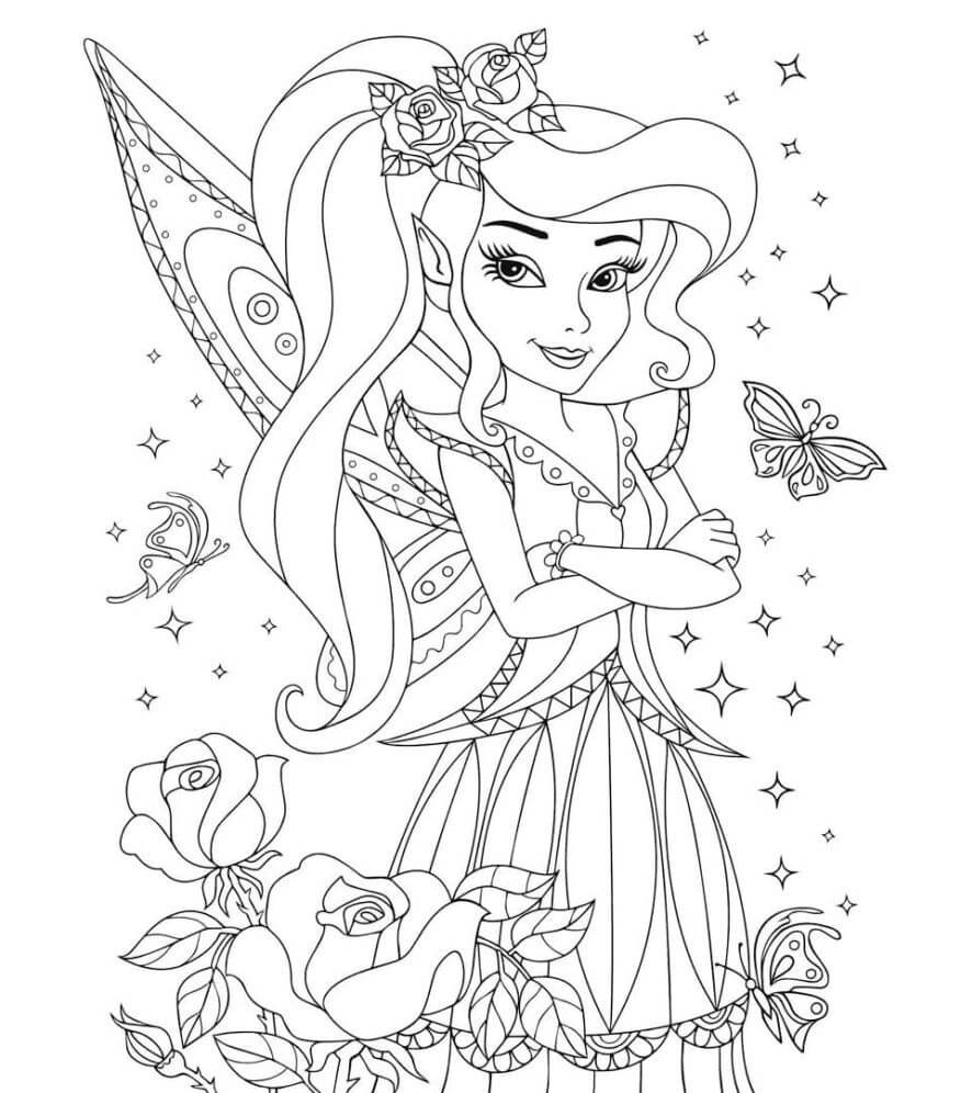 Dibujo de Hada Con Mariposas y Rosas para Colorear y Imprimir