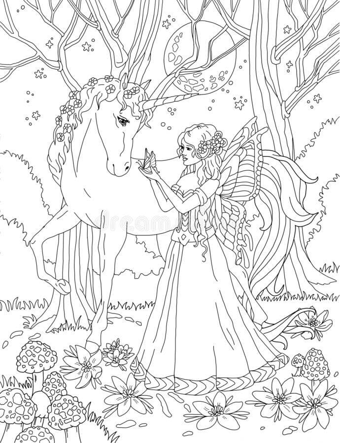 Dibujo de Hada Con Unicornio para Colorear y Imprimir