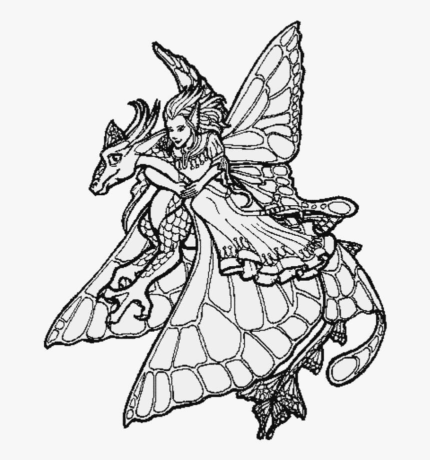 Dibujo de Hada Montando Dragón para Colorear y Imprimir