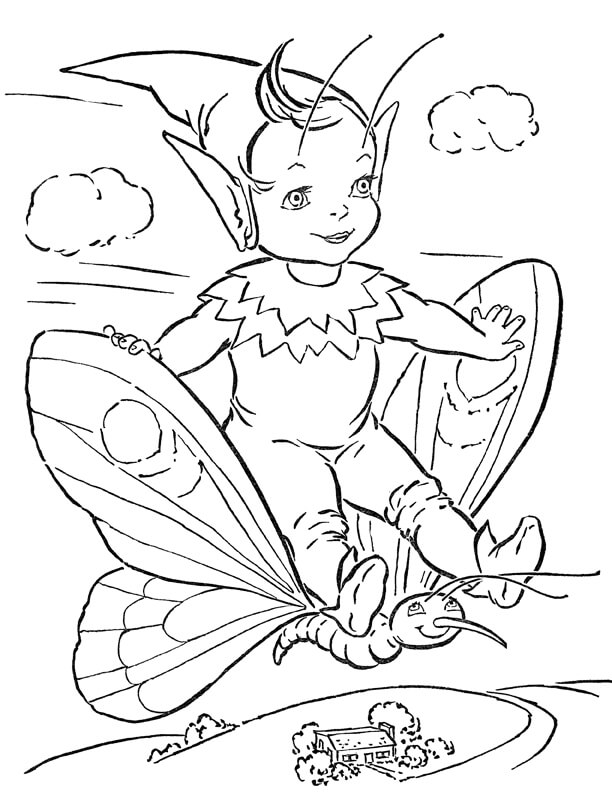 Dibujo de Hada Montando Mariposa para Colorear y Imprimir