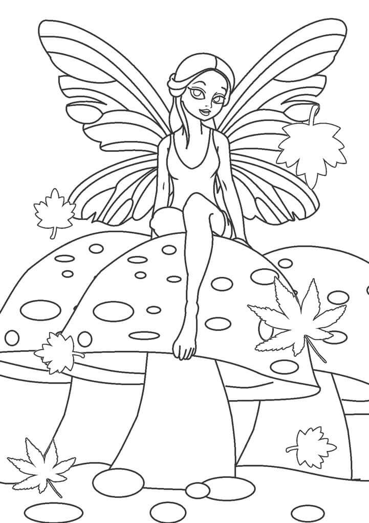 Dibujo de Hada Sentada En Champinon para Colorear y Imprimir