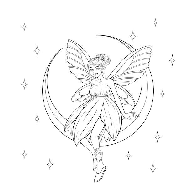 Dibujo de Hada Sentada sobre La Luna para Colorear y Imprimir