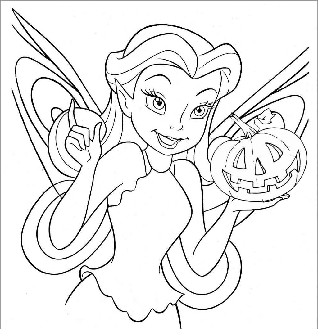 Dibujo de Hada Sosteniendo Calabaza para Colorear y Imprimir