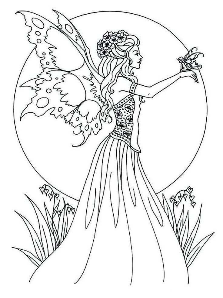 Dibujo de Hada Sosteniendo Pequeña Hada para Colorear y Imprimir