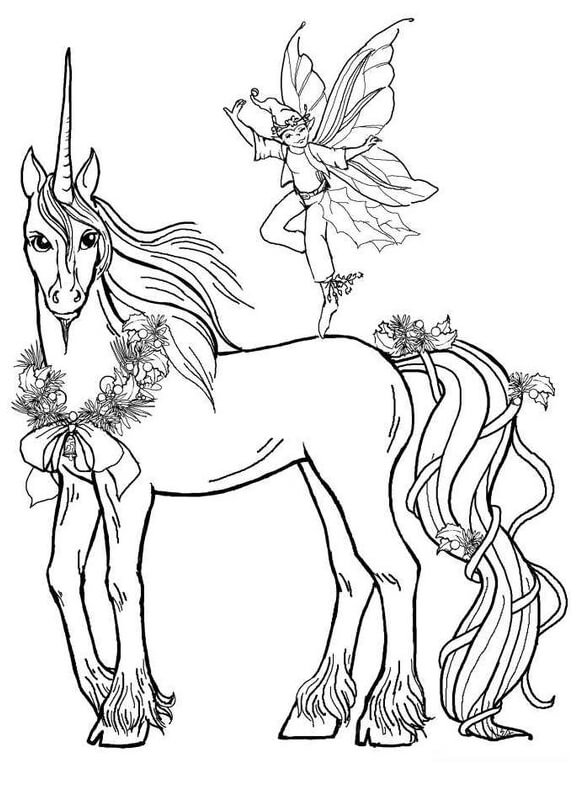 Dibujo de Hada Volando Con Unicornio para Colorear y Imprimir