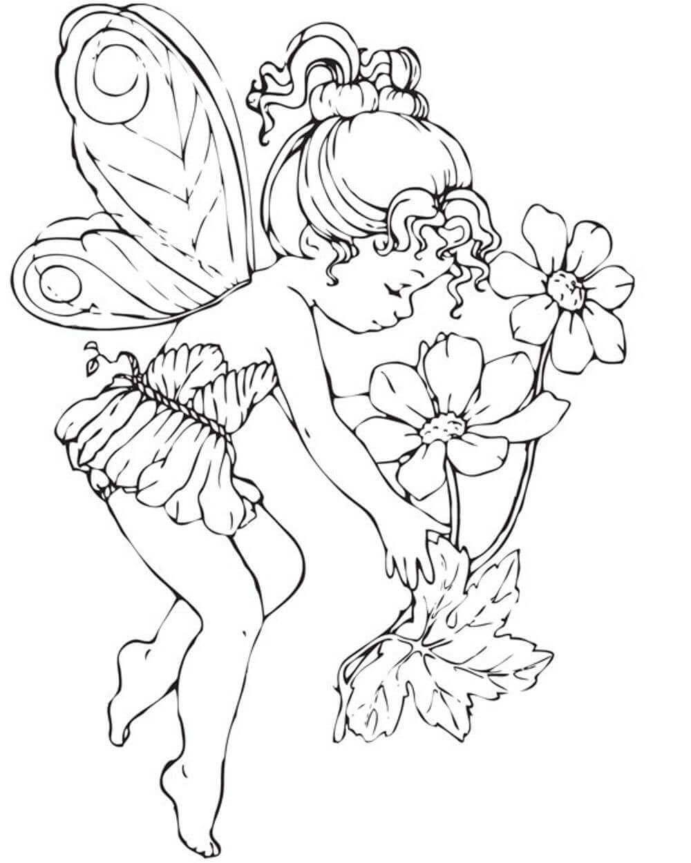 Dibujo de Pequeña Hada Recogiendo Flores para Colorear y Imprimir