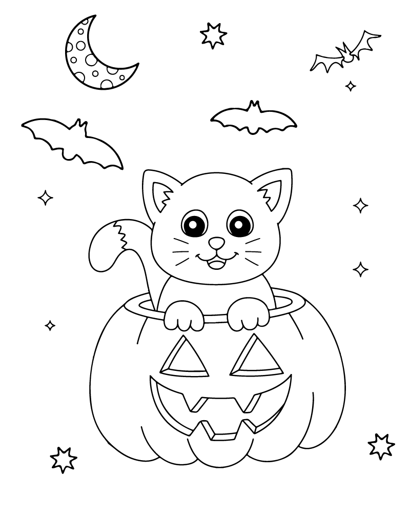 Dibujo de Adorable Halloween Cat Coloring Page 01 para Colorear y Imprimir