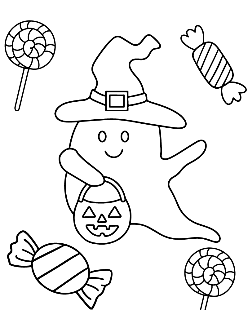 Dibujo de Cute Ghost And Candy Halloween Coloring Page para Colorear y Imprimir
