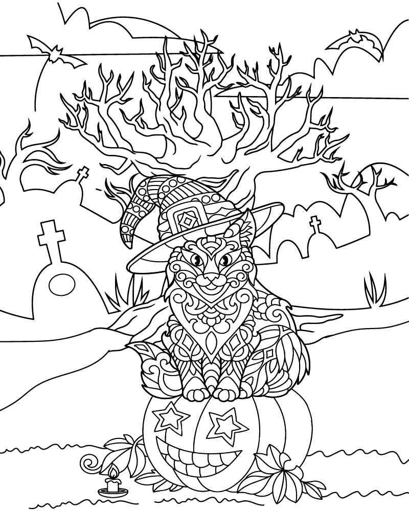 Dibujo de Halloween Black Cat Coloring Page For Adults para Colorear y Imprimir