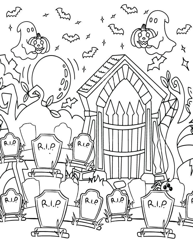 Dibujo de Halloween Cemetery Coloring Page For Adults para Colorear y Imprimir