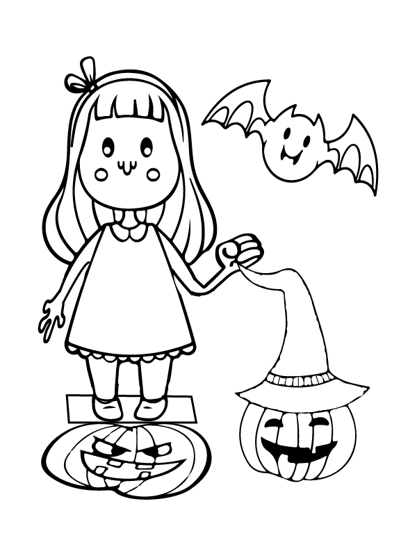 Dibujo de Calabaza y Niña Halloween Preescolar Pagina para Colorear para Colorear y Imprimir