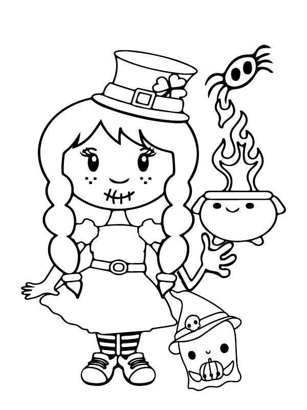 Dibujo de Niña Aterradora Halloween Preescolar Pagina para Colorear para Colorear y Imprimir