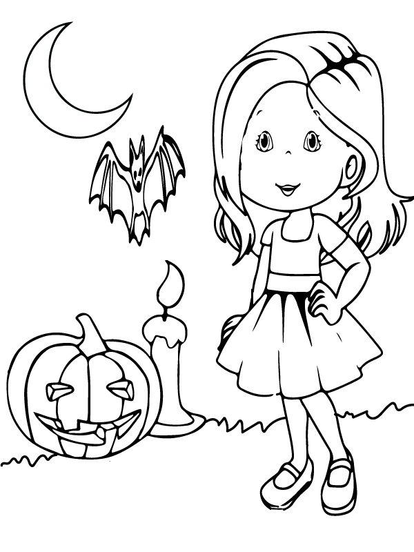 Dibujo de Niña Halloween Preescolar Pagina para Colorear para Colorear y Imprimir