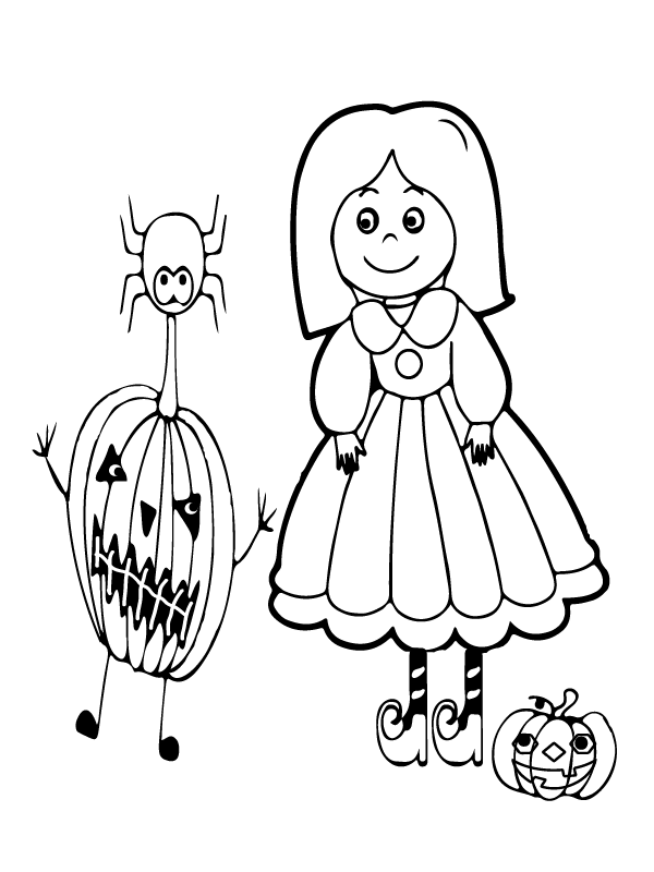 Dibujo de Niña Peculiar Halloween Preescolar Pagina para Colorear para Colorear y Imprimir
