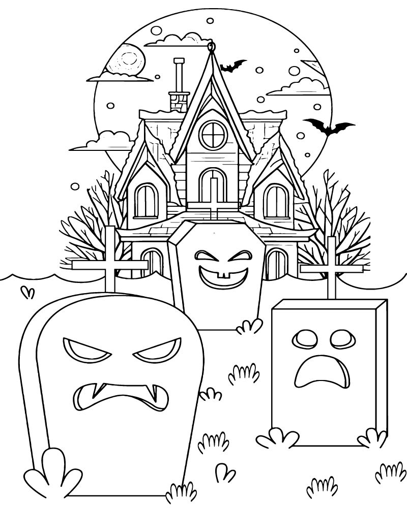 Dibujo de Creepy Graveyard Coloring Page 1 para Colorear y Imprimir
