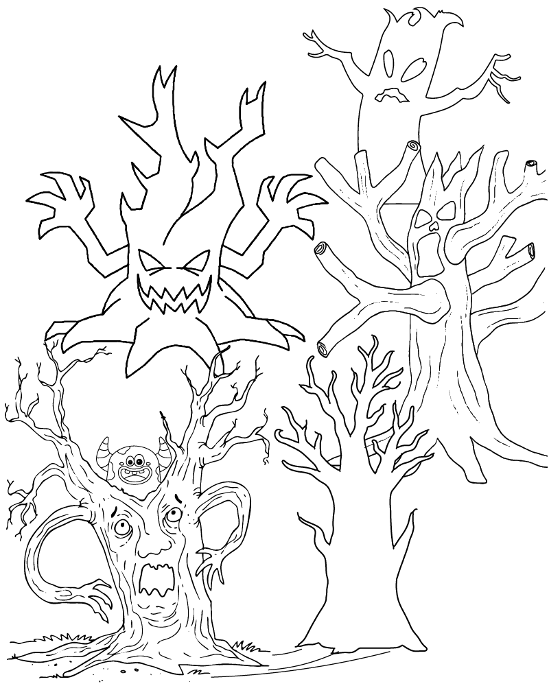 Dibujo de Creepy Haunted Forest Coloring Page 1 para Colorear y Imprimir
