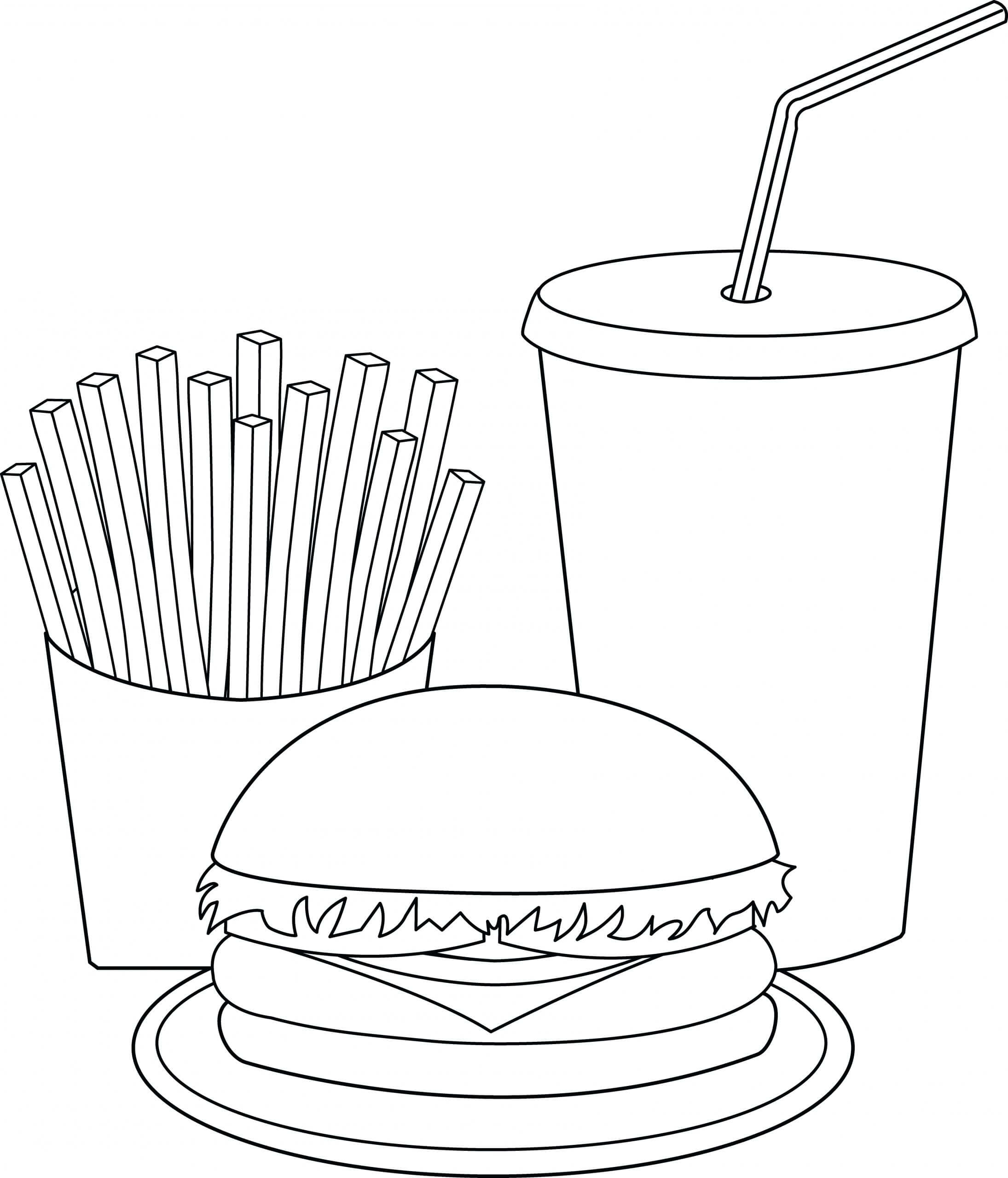 dibujo hamburguesa y bebida papas fritas para colorear