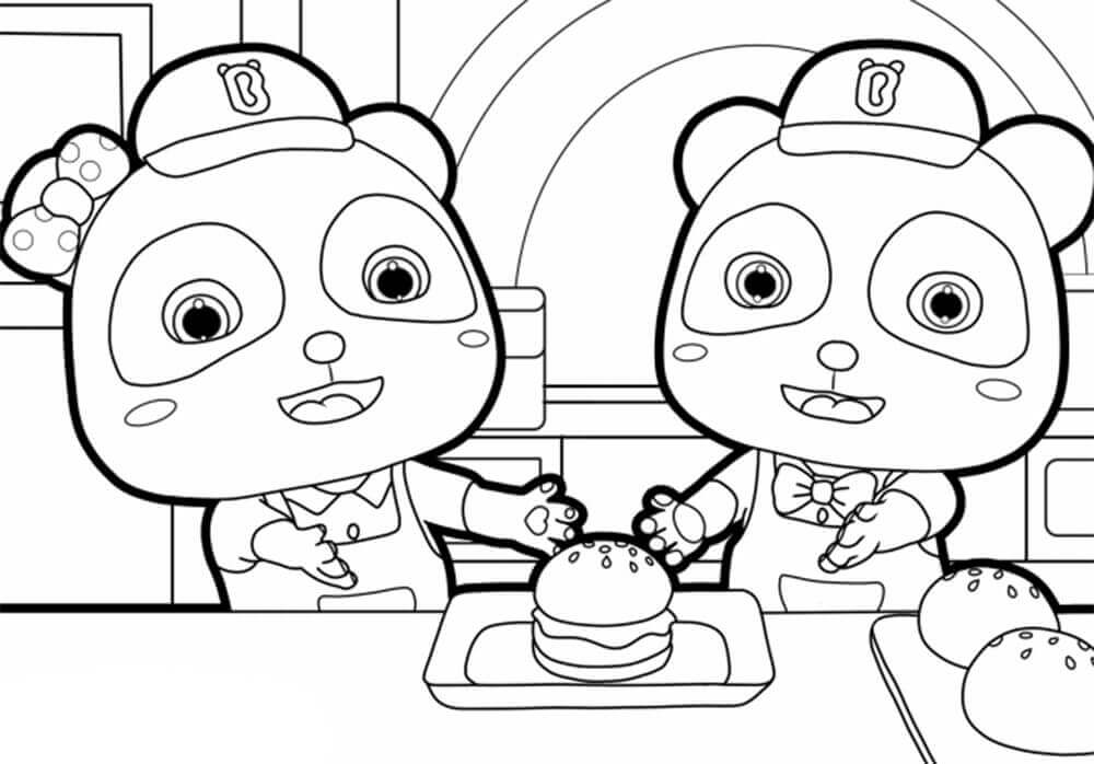 dibujo kiki y miumiu comen hamburguesa para colorear