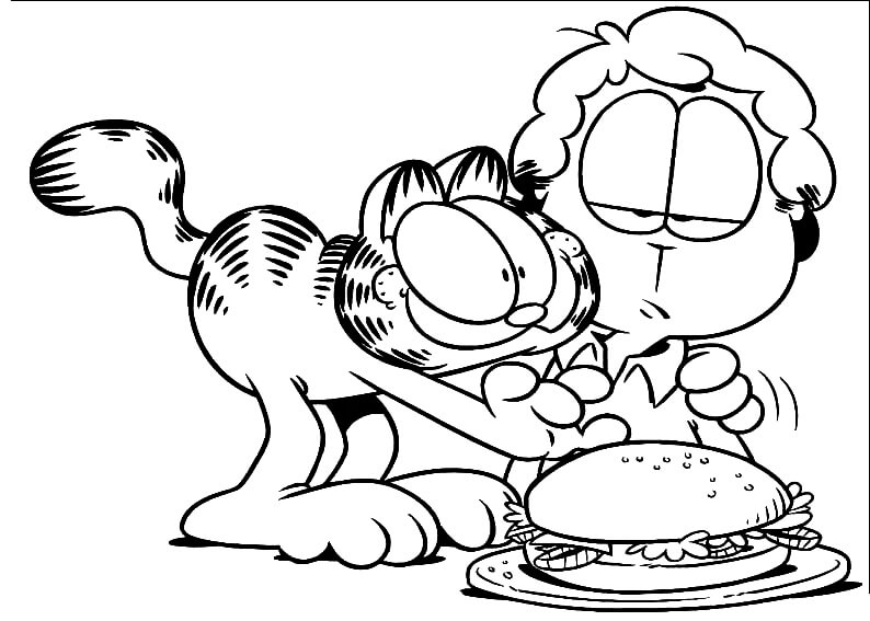 dibujo naughty garfield y amigo con hamburguesa para colorear