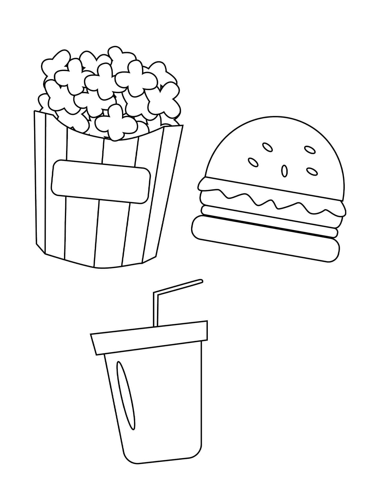 dibujo palomitas hamburguesa y coca cola para colorear