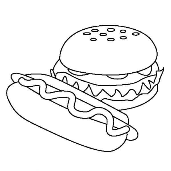 dibujo perrito caliente y hamburguesa para colorear