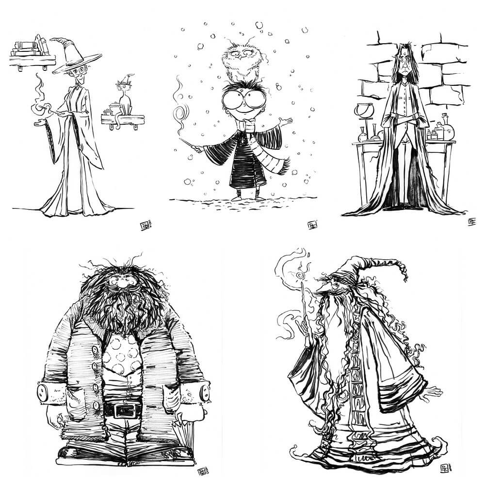 Dibujo de Cinco Personajes de Harry Potter para Colorear y Imprimir