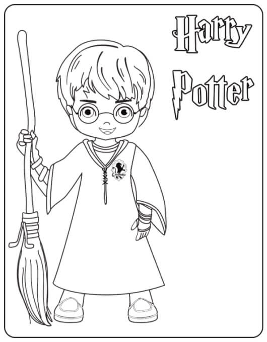 Dibujo de Harry Potter Sosteniendo Una Escoba Voladora para Colorear y Imprimir