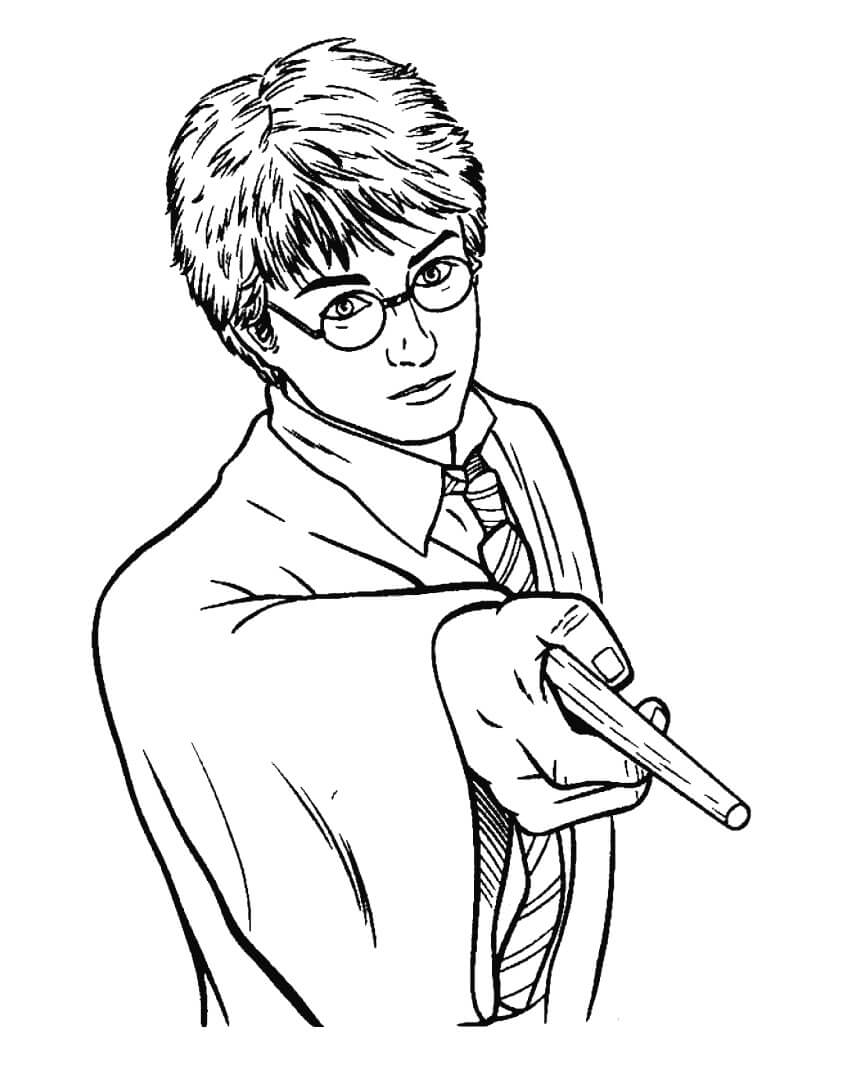 Dibujo de Harry Potter Sosteniendo Una Varita para Colorear y Imprimir