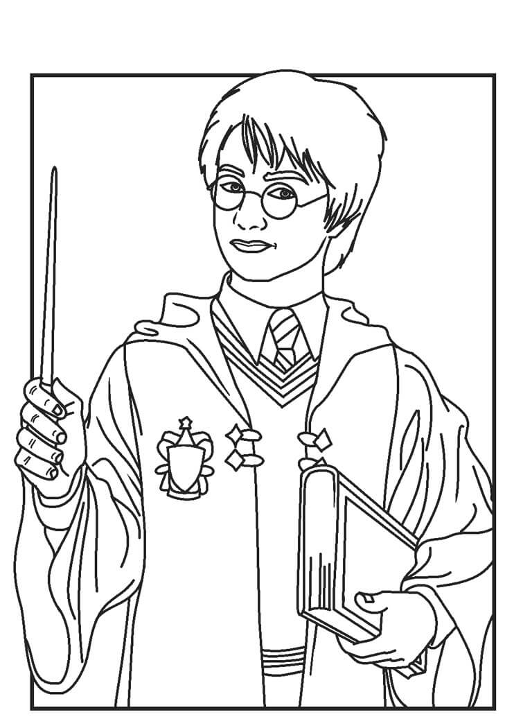 Dibujo de Harry Potter Sosteniendo Una Varita y Un Libro para Colorear y Imprimir