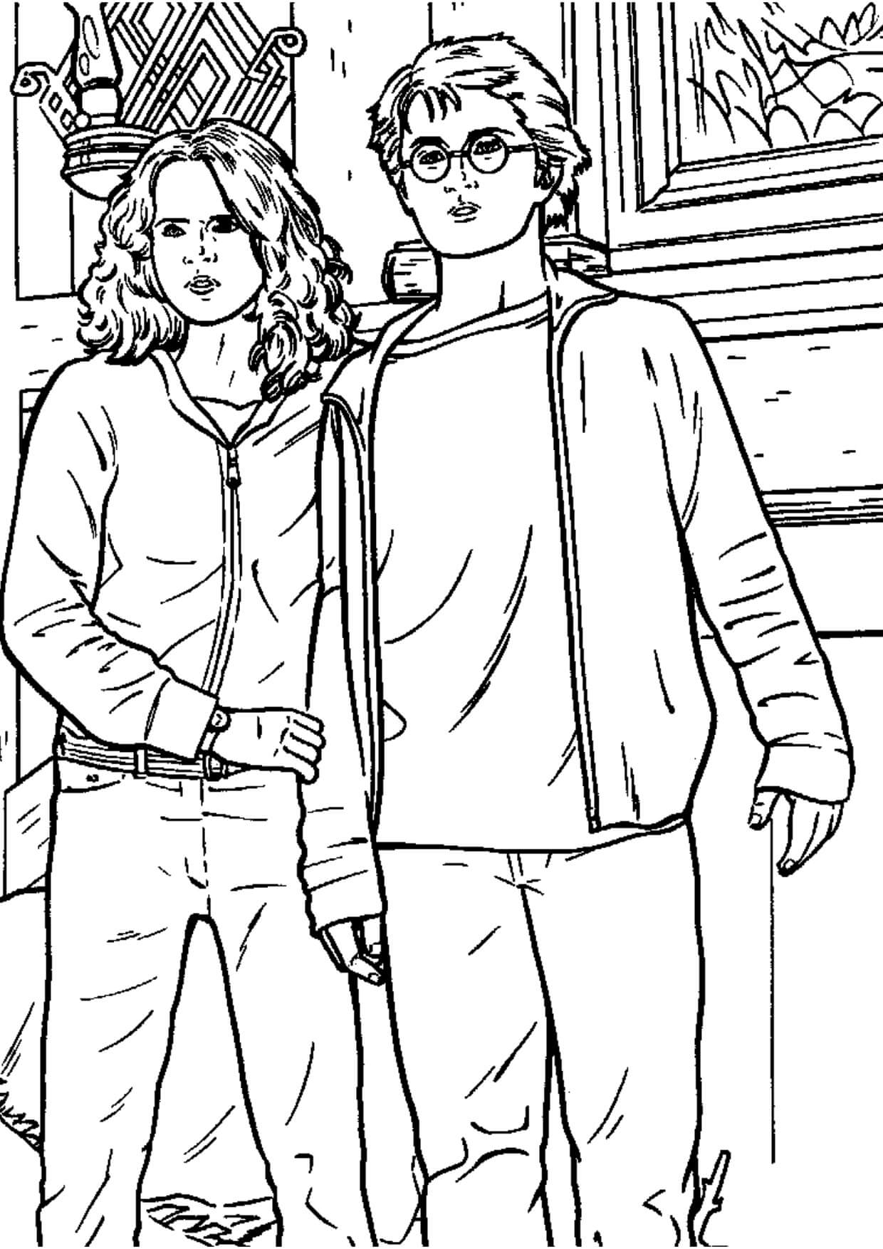 Dibujo de Harry Potter y Hermione Granger para Colorear y Imprimir