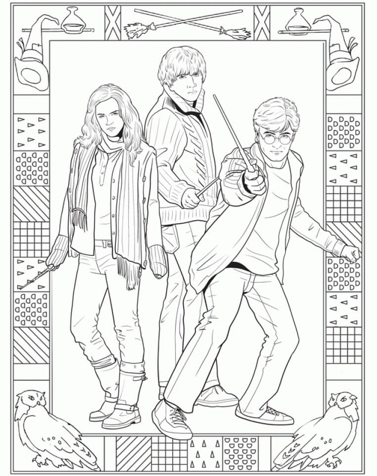 Dibujo de Harry Potter y Sus Amigos Peleando para Colorear y Imprimir