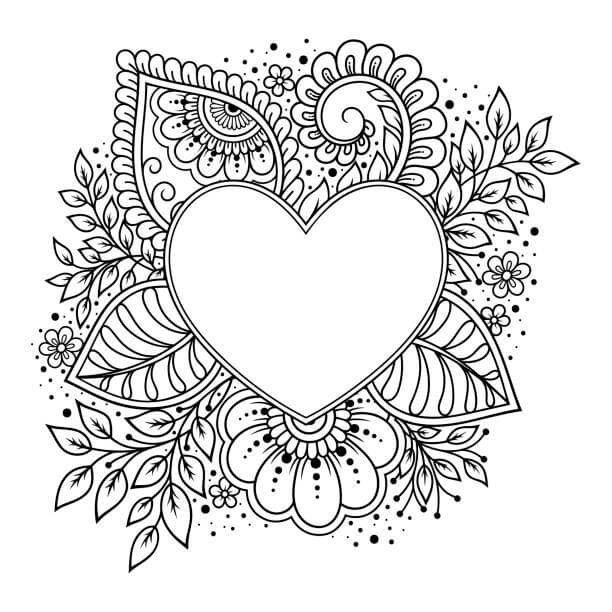 Dibujo de Mándala de Corazón Con Hojas para Colorear y Imprimir