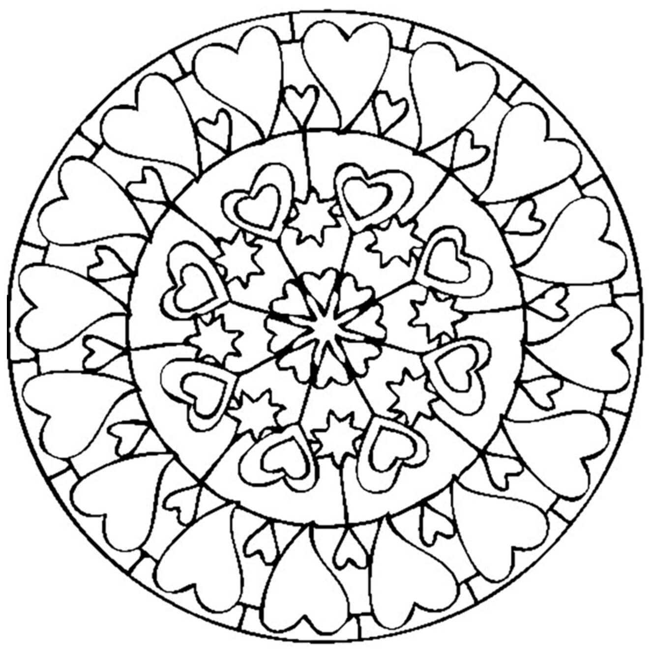 Dibujo de Mándala de Corazón Simple En Círculo para Colorear y Imprimir