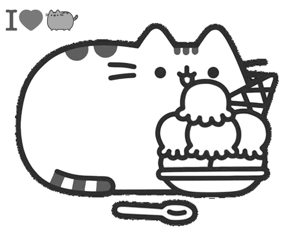 dibujo pusheen lindo con helado para colorear
