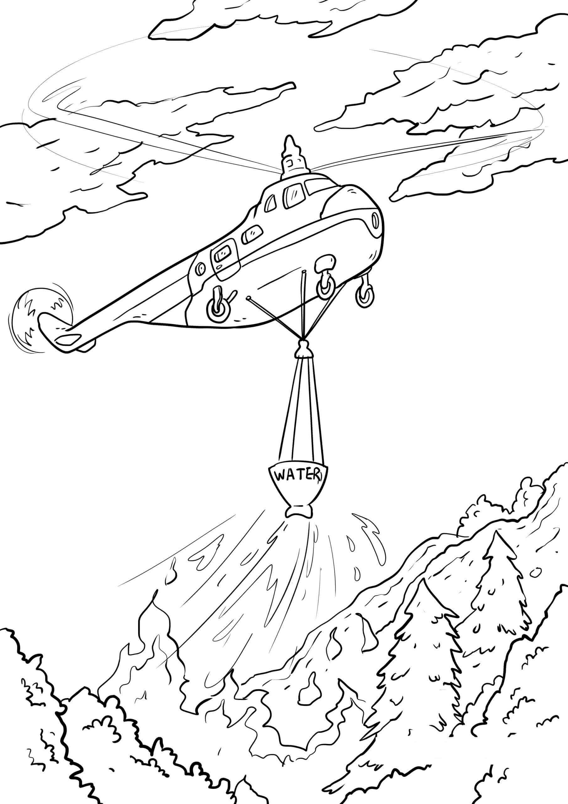 dibujo helicoptero en la ciudad para imprimir y colorear