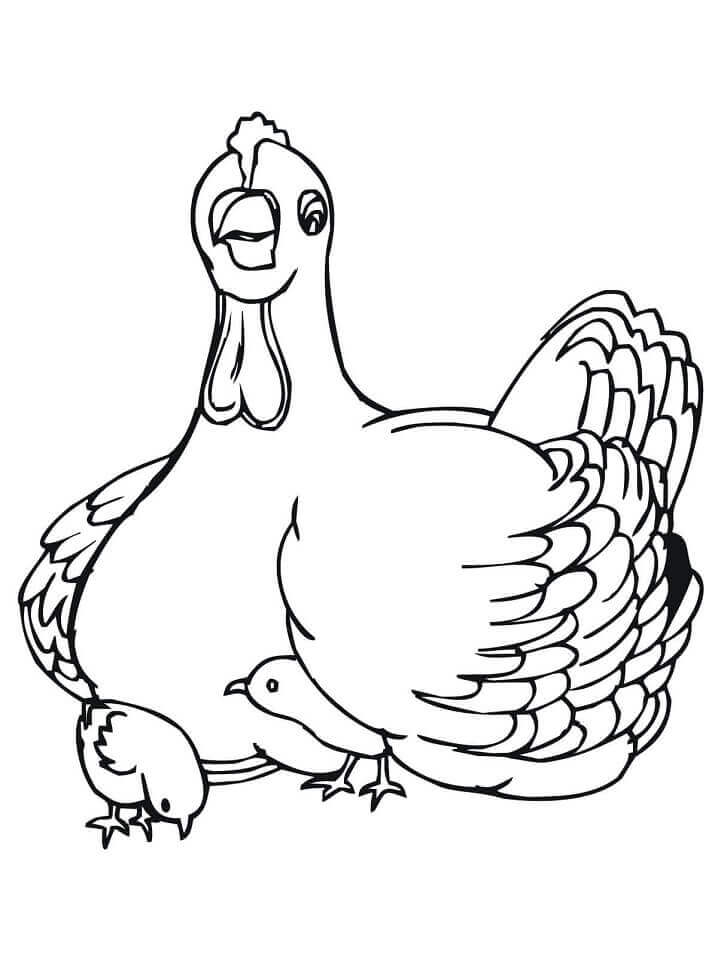 Dibujo de Gallina de Cría Con Pollitos para Colorear y Imprimir