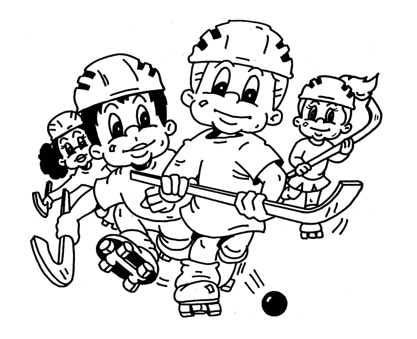 Dibujo de Cuatro Niños Jugando Hockey para Colorear y Imprimir