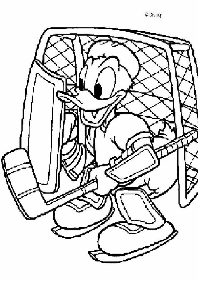 Dibujo de Donal Pato Jugando Hockey para Colorear y Imprimir