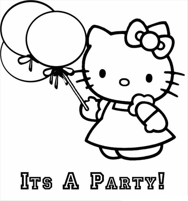 Dibujo de Hola Gatita Con Globos para Colorear y Imprimir